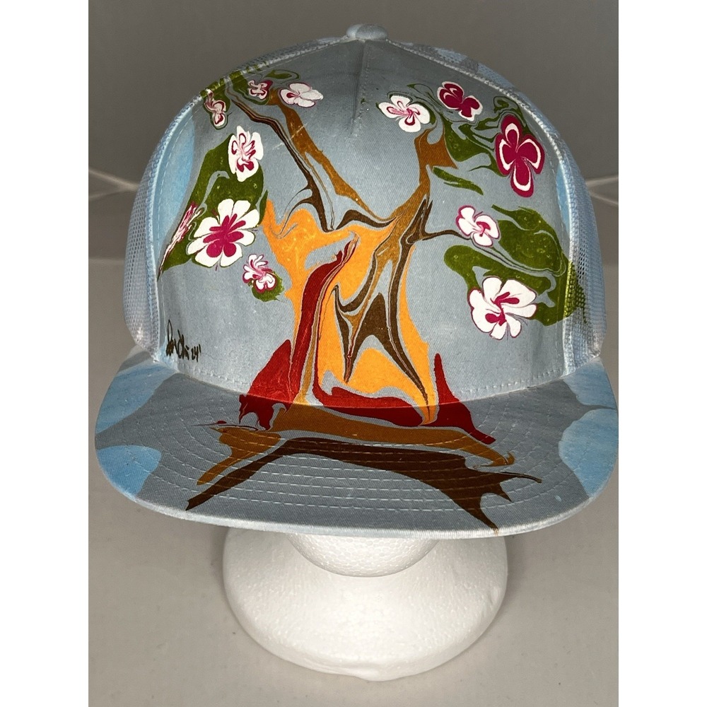 Hand Painted Trucker Hat Floral Tree Landscape Art Snapback Yupoong Custom Cap